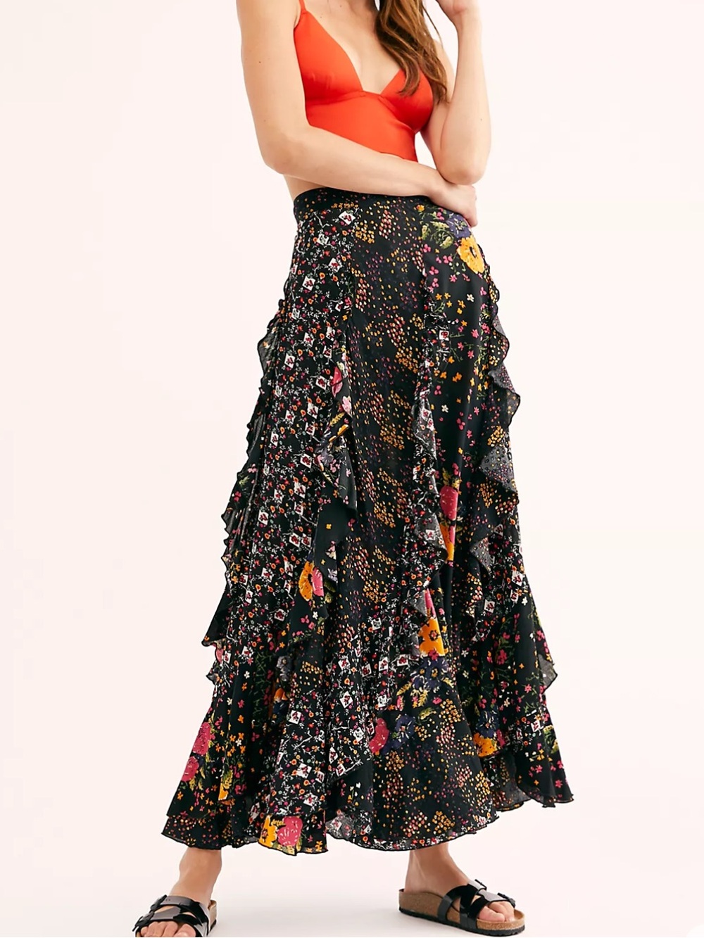 Free People Forever Flirt Black Multi Floral Boho Ruffle Maxi Skirt size 4